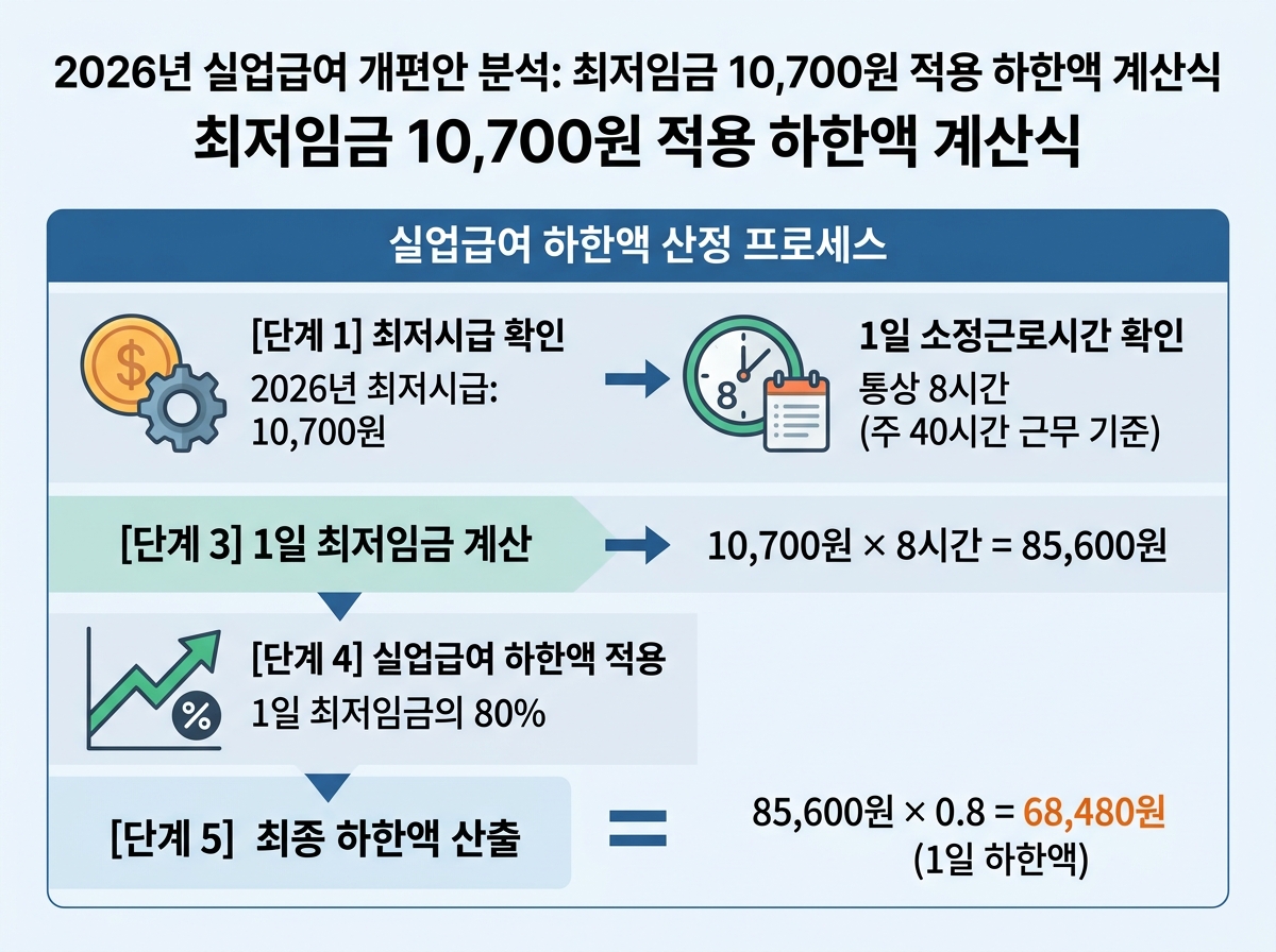 2026년 최저임금 10,700원 적용 실업급여 하한액 계산식 설명 이미지