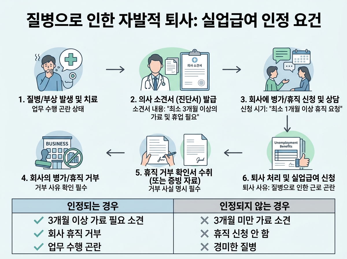 2. 질병으로 인한 자발적 퇴사: 의사 소견서와 휴직 거부 확인서 기준 설명 이미지