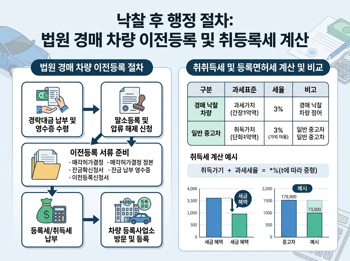 낙찰 후 행정 절차: 법원 경매 차량 이전등록 및 취등록세 계산 설명 이미지