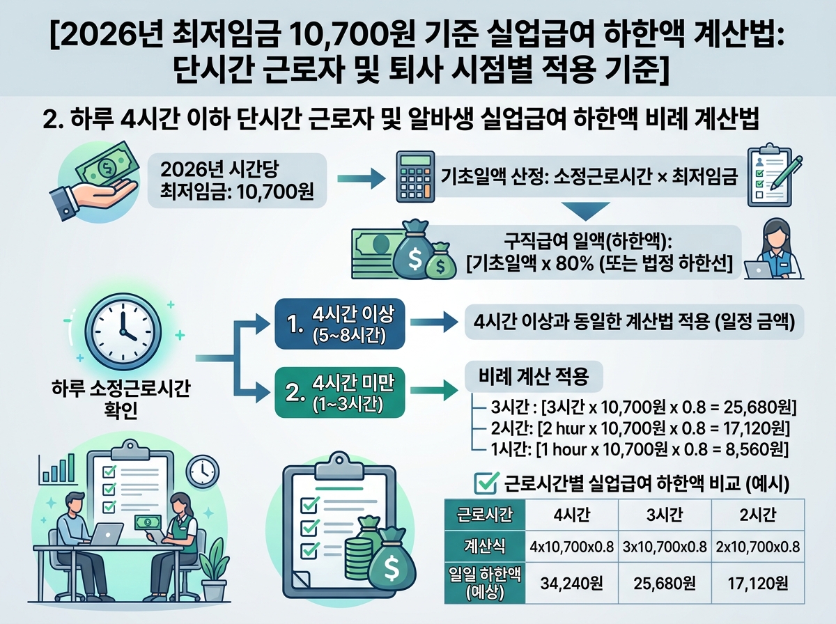 2. 하루 4시간 이하 단시간 근로자 및 알바생 실업급여 하한액 비례 계산법 설명 이미지