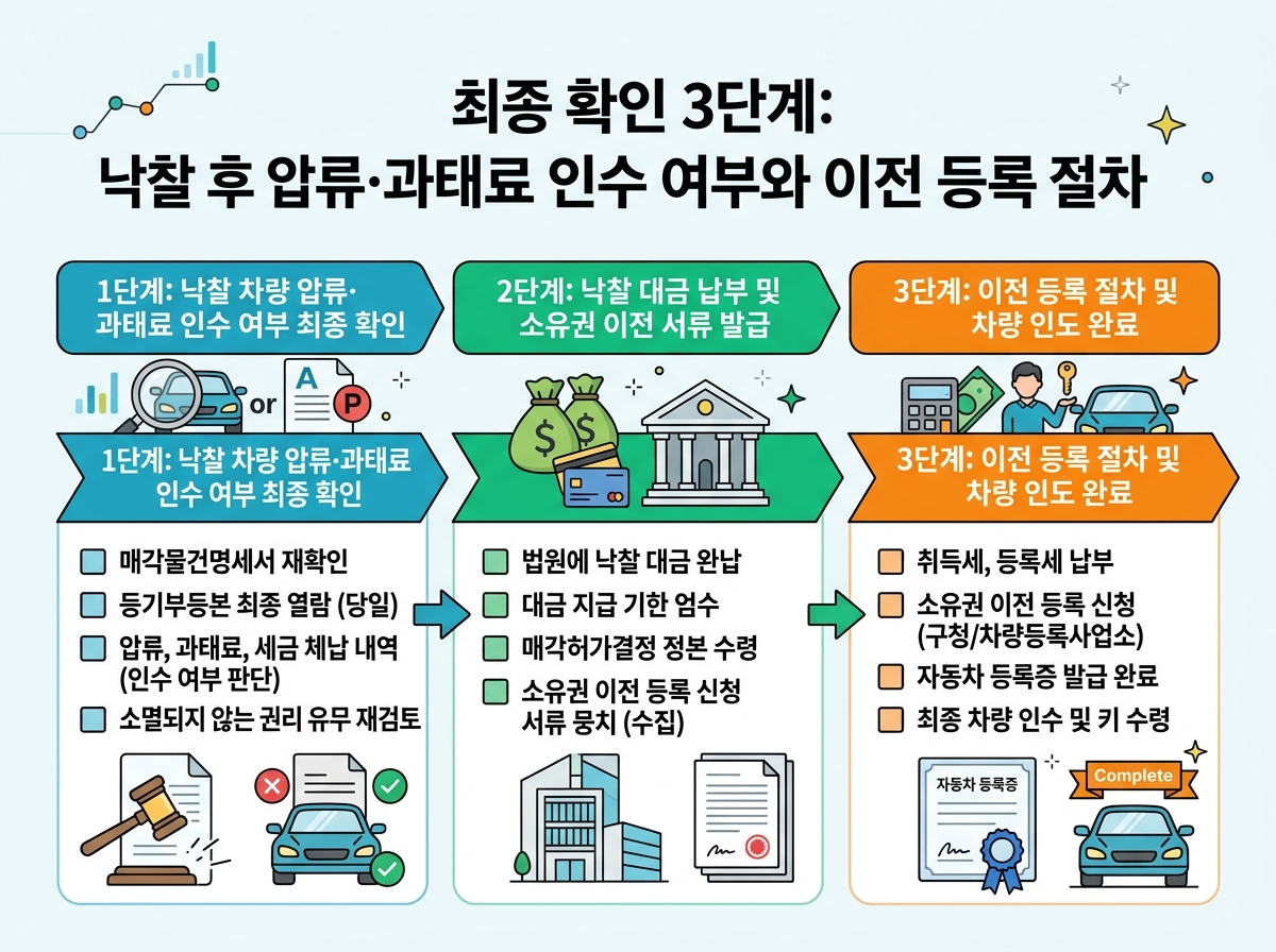 최종 확인 3단계: 낙찰 후 압류·과태료 인수 여부와 이전 등록 절차 설명 이미지