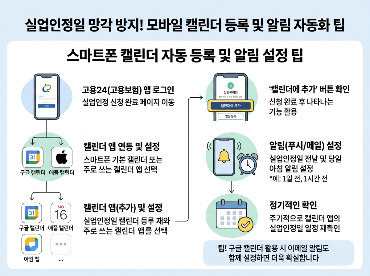 실업인정일 망각 방지! 모바일 캘린더 등록 및 알림 자동화 팁 설명 이미지