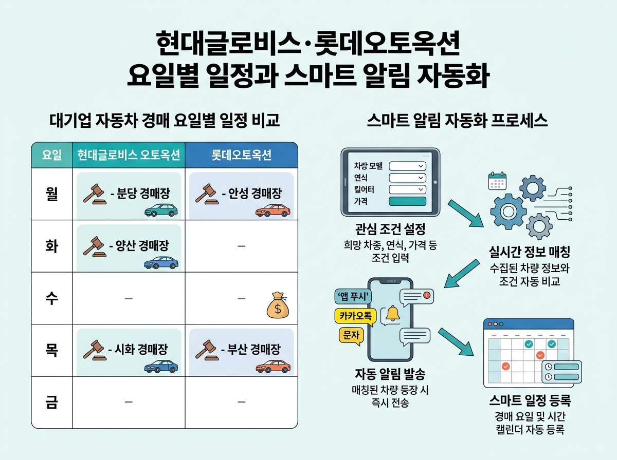 현대글로비스·롯데오토옥션 요일별 일정과 스마트 알림 자동화 설명 이미지