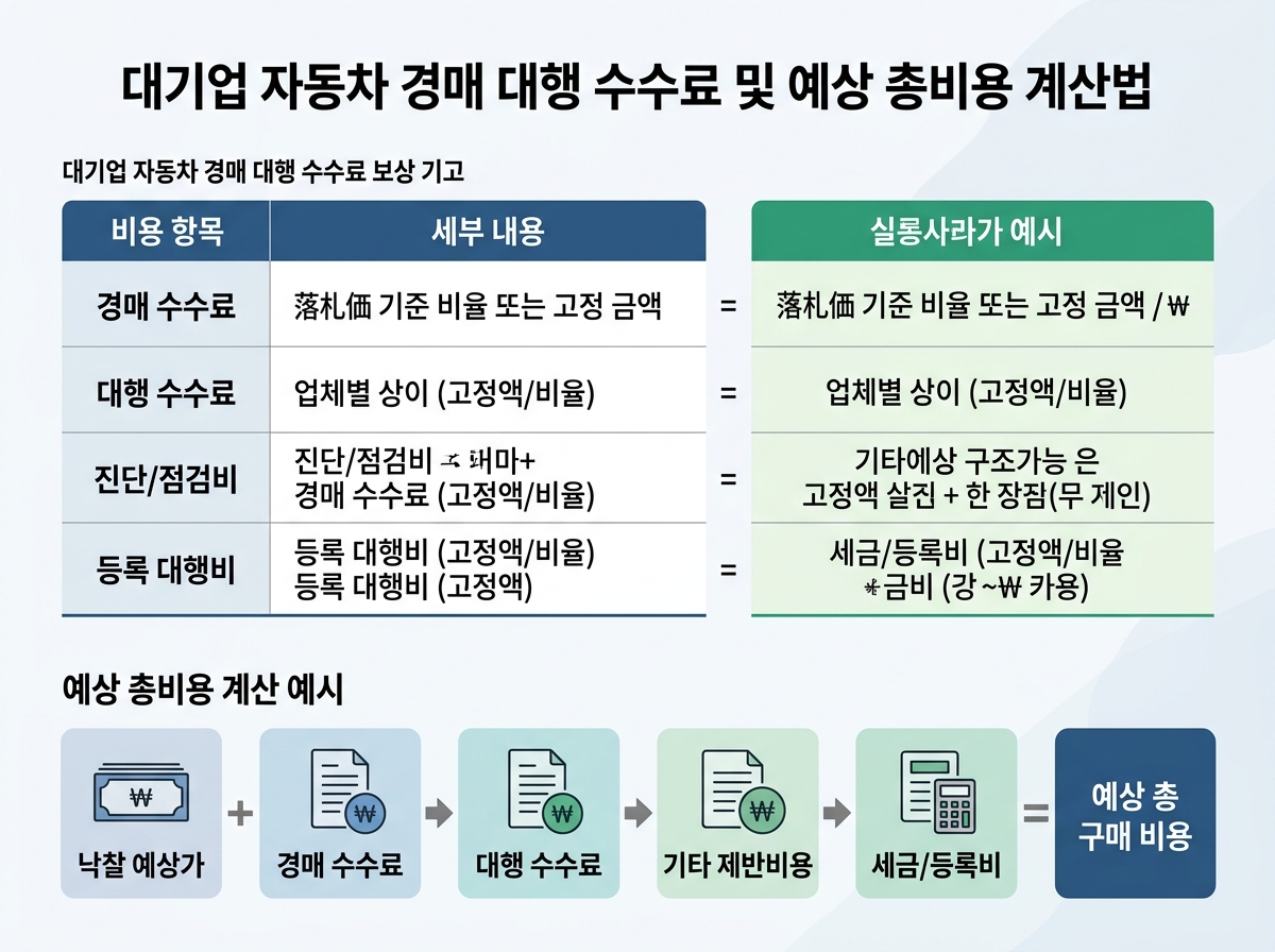 대기업 자동차 경매 대행 수수료 및 예상 총비용 계산법 설명 이미지