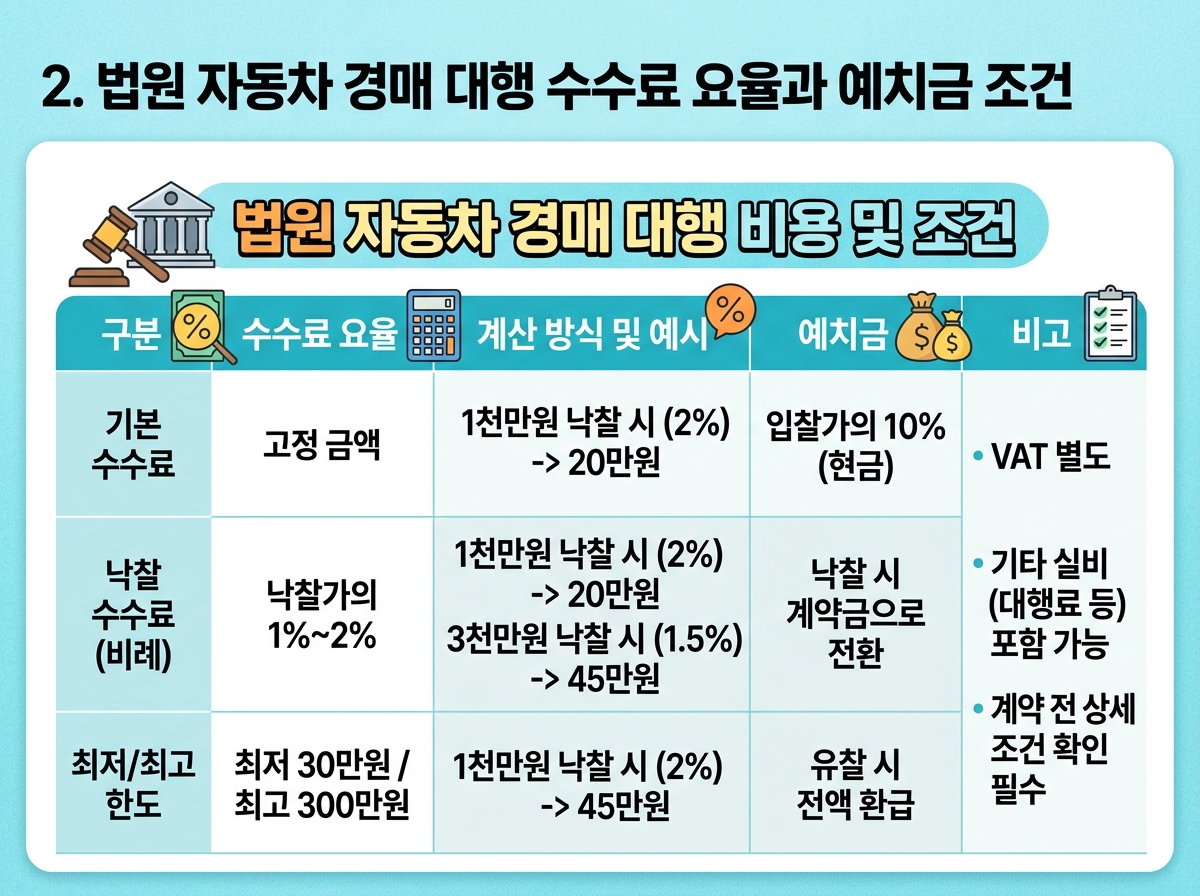 2. 법원 자동차 경매 대행 수수료 요율과 예치금 조건 설명 이미지
