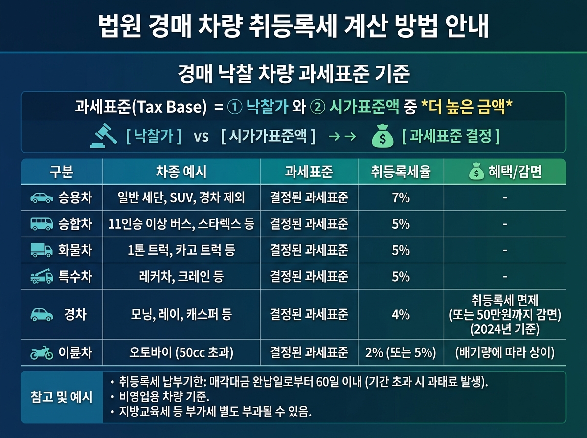경매 낙찰 차량 취등록세 과세표준 기준 및 차종별 세액 계산법 설명 이미지