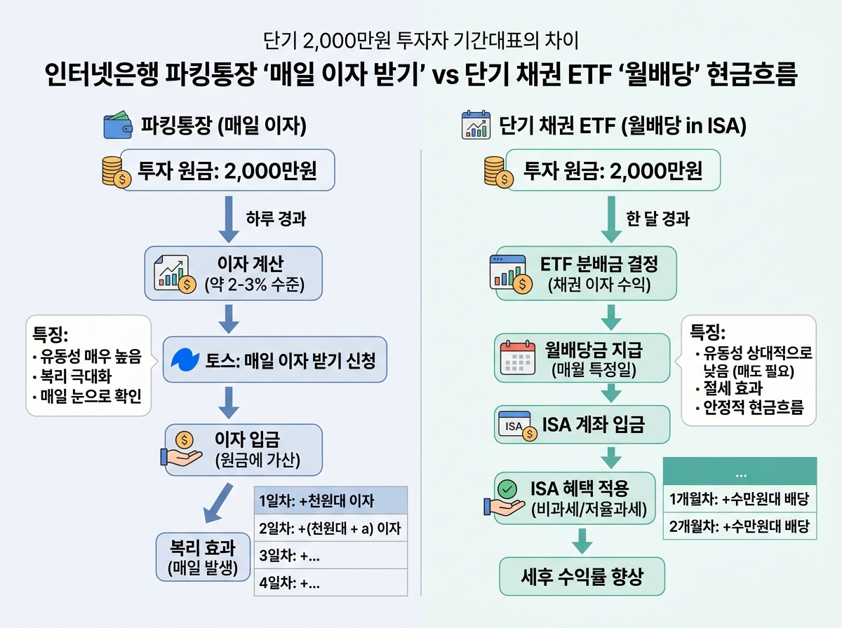 인터넷은행 파킹통장 '매일 이자 받기' vs 단기 채권 ETF '월배당' 현금흐름 설명 이미지