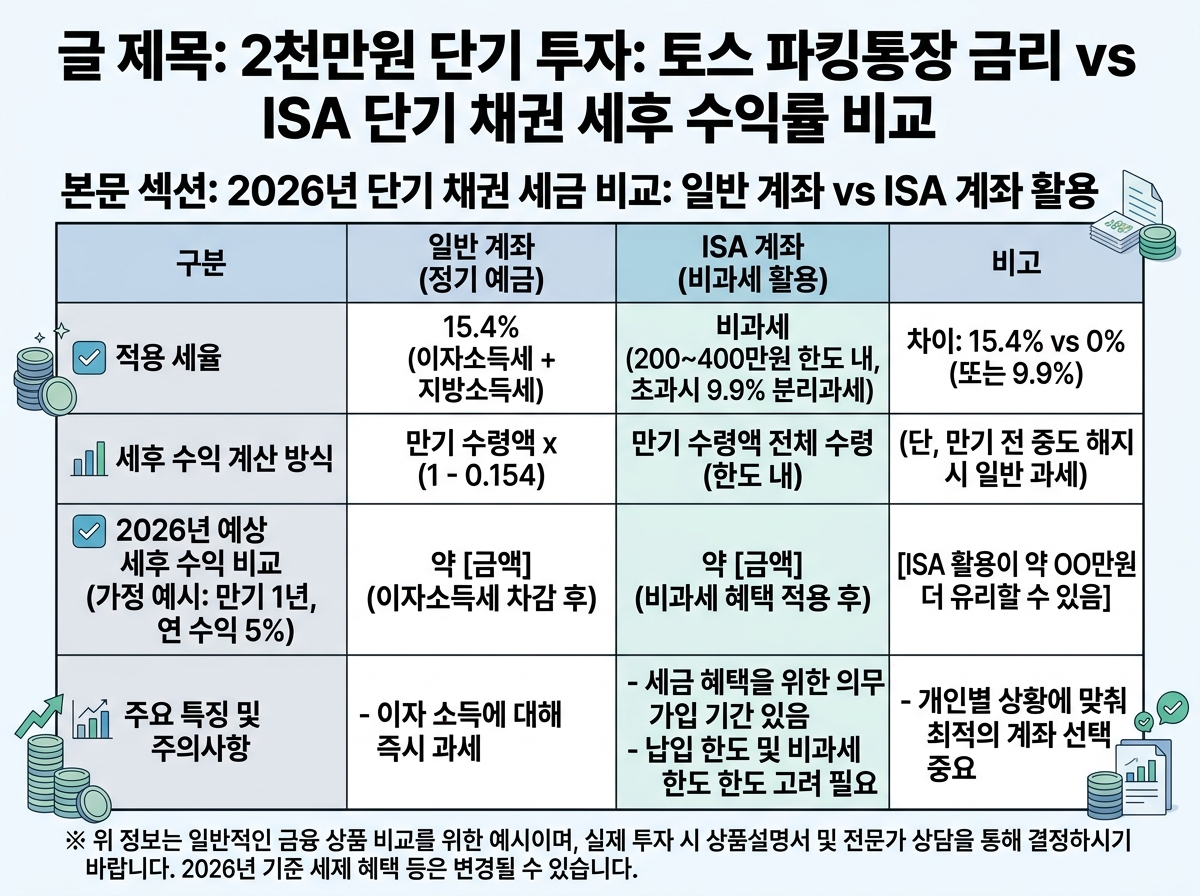2026년 단기 채권 세금 비교: 일반 계좌 vs ISA 계좌 활용 설명 이미지