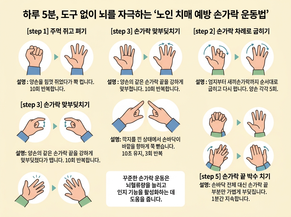 하루 5분, 도구 없이 뇌를 자극하는 '노인 치매 예방 손가락 운동법' 설명 이미지