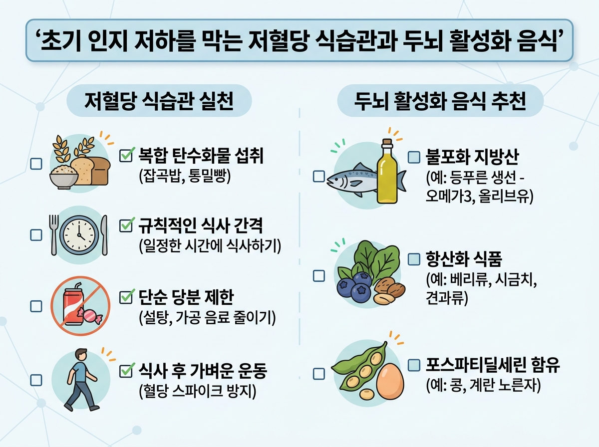 초기 인지 저하를 막는 저혈당 식습관과 두뇌 활성화 음식 설명 이미지