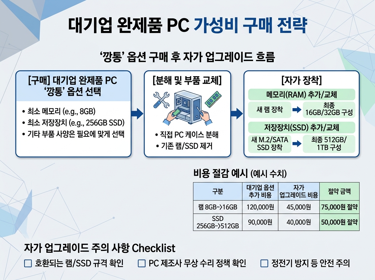 대기업 완제품 PC 가성비 구매: '깡통' 옵션 구매 후 자가 업그레이드 전략 설명 이미지
