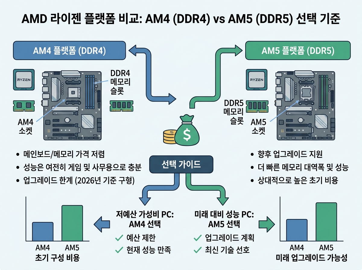 AMD 라이젠 플랫폼 비교: AM4 (DDR4) vs AM5 (DDR5) 선택 기준 설명 이미지