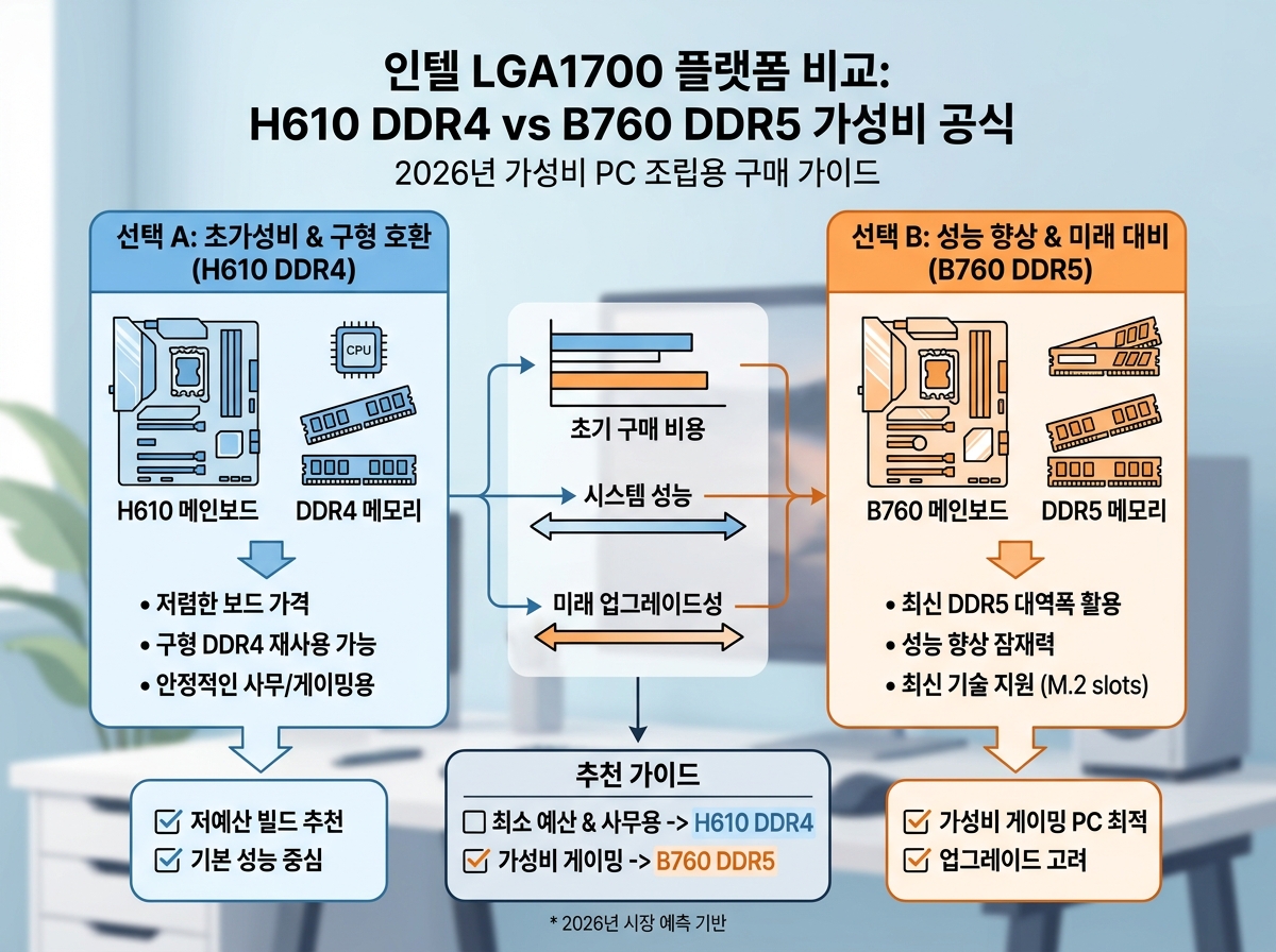 인텔 LGA1700 플랫폼 비교: H610 DDR4 vs B760 DDR5 가성비 공식 설명 이미지