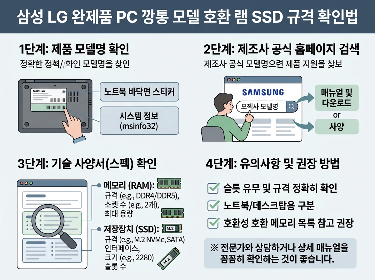 삼성 LG 완제품 PC 깡통 모델 호환 램 SSD 규격 확인법 설명 이미지
