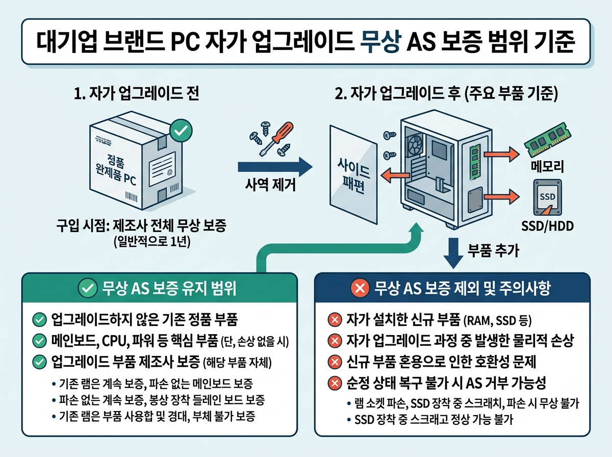 대기업 완제품 PC 자가 업그레이드 무상 AS 보증 범위 기준 설명 이미지