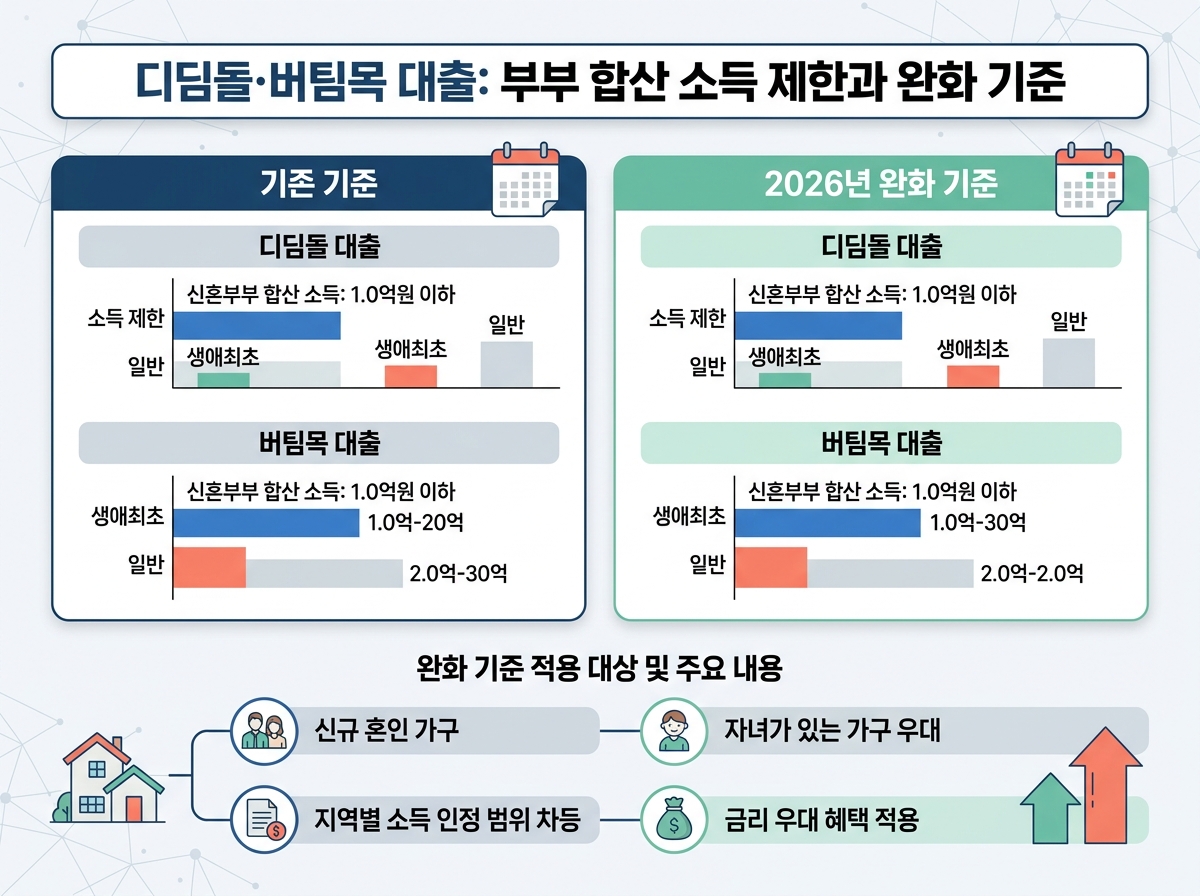 디딤돌·버팀목 대출: 부부 합산 소득 제한과 완화 기준 설명 이미지