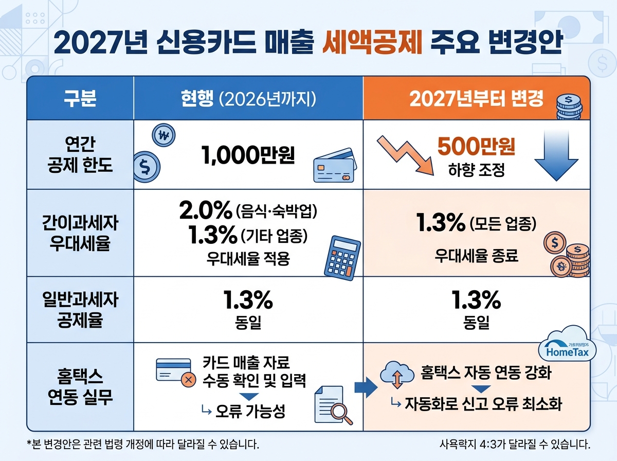 2027년 신용카드 매출 세액공제 한도 및 공제율 주요 변경안 설명 이미지