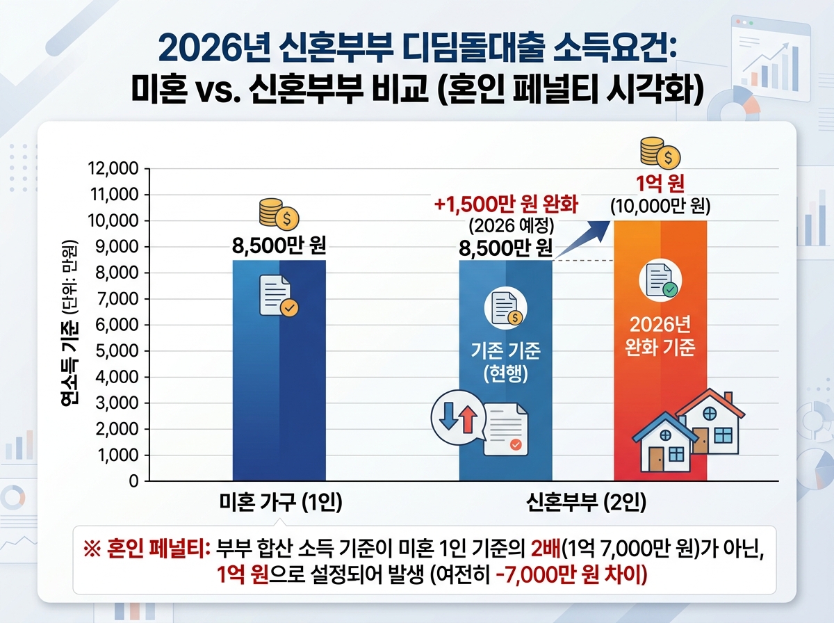 2026년 신혼부부 디딤돌대출 소득제한 기준과 '혼인 페널티' 설명 이미지