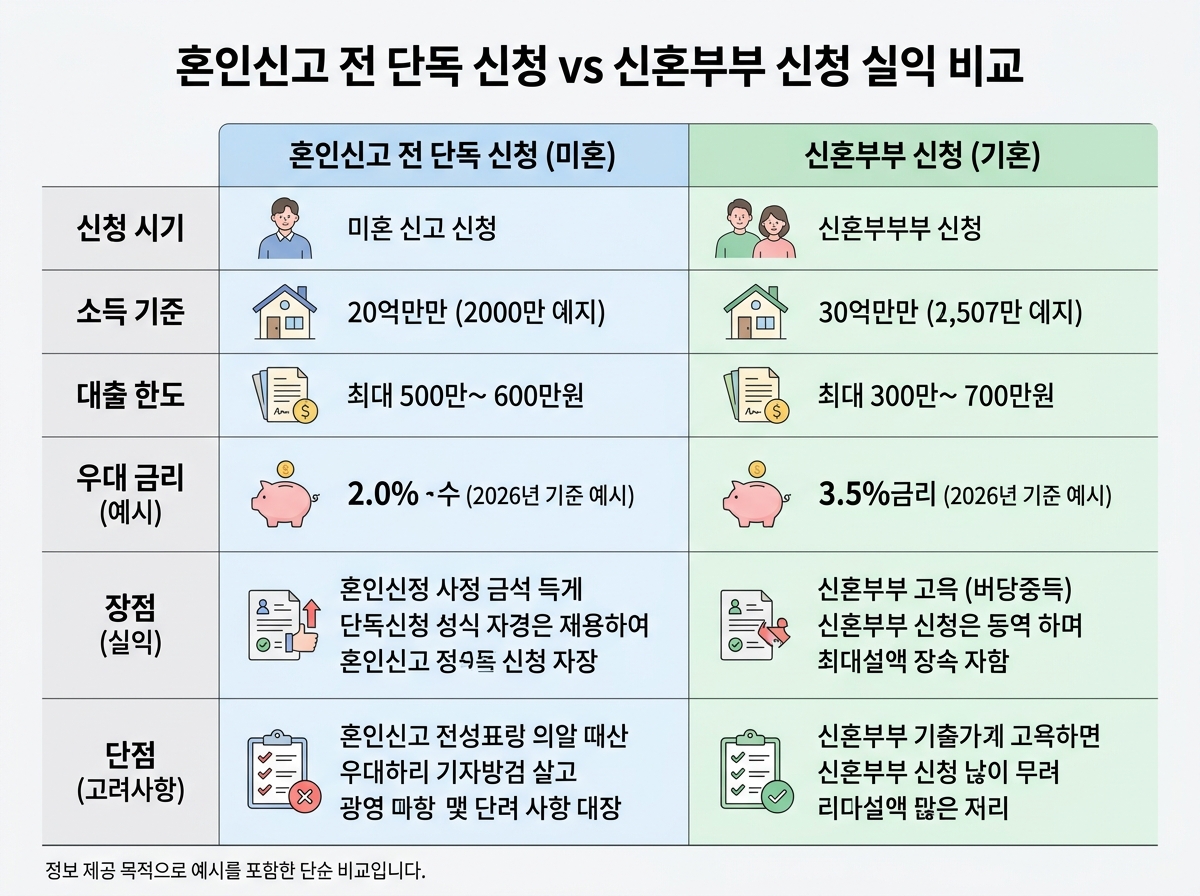 혼인신고 전 단독 신청 vs 신혼부부 신청 실익 비교 설명 이미지