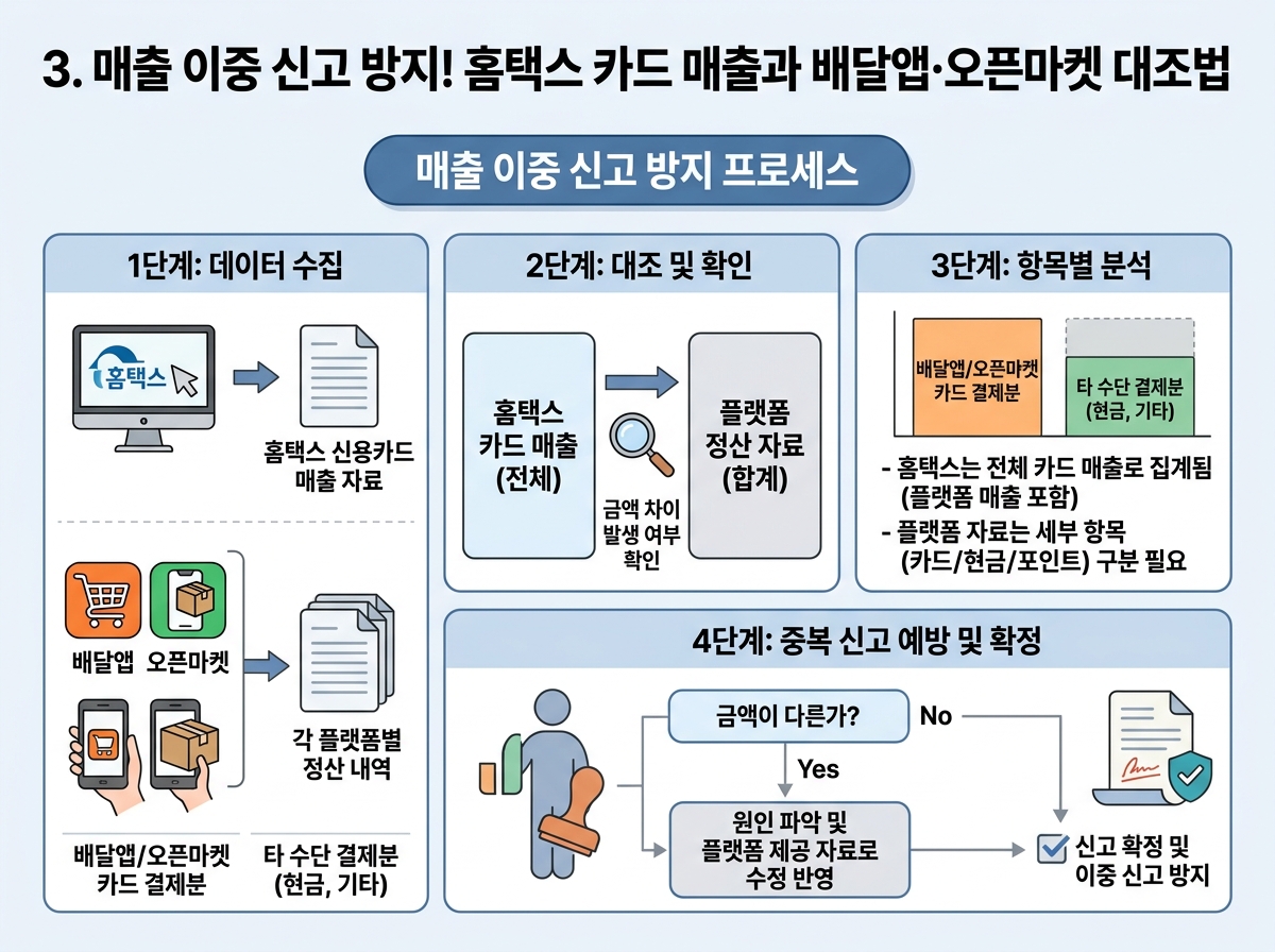 3. 매출 이중 신고 방지! 홈택스 카드 매출과 배달앱·오픈마켓 대조법 설명 이미지