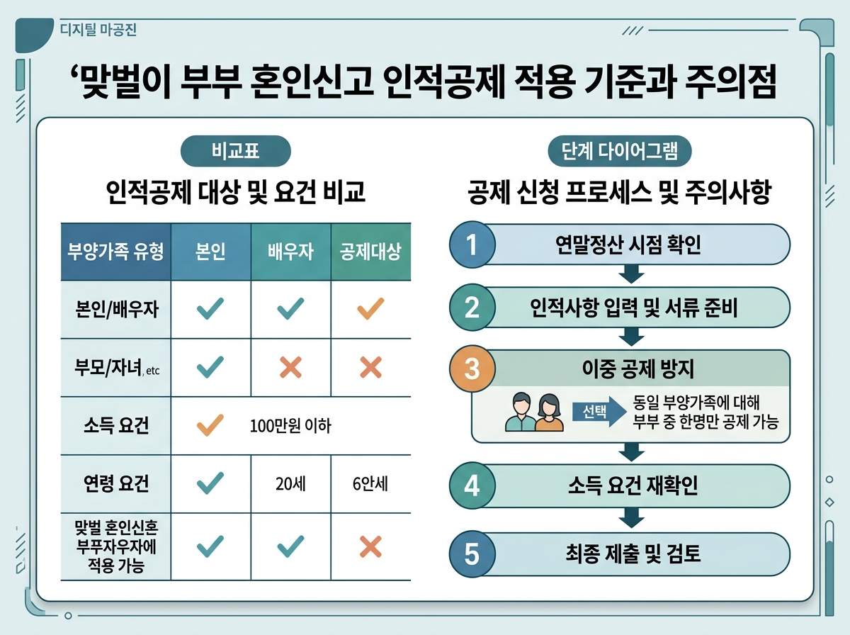 맞벌이 부부 혼인신고 인적공제 적용 기준과 주의점 설명 이미지