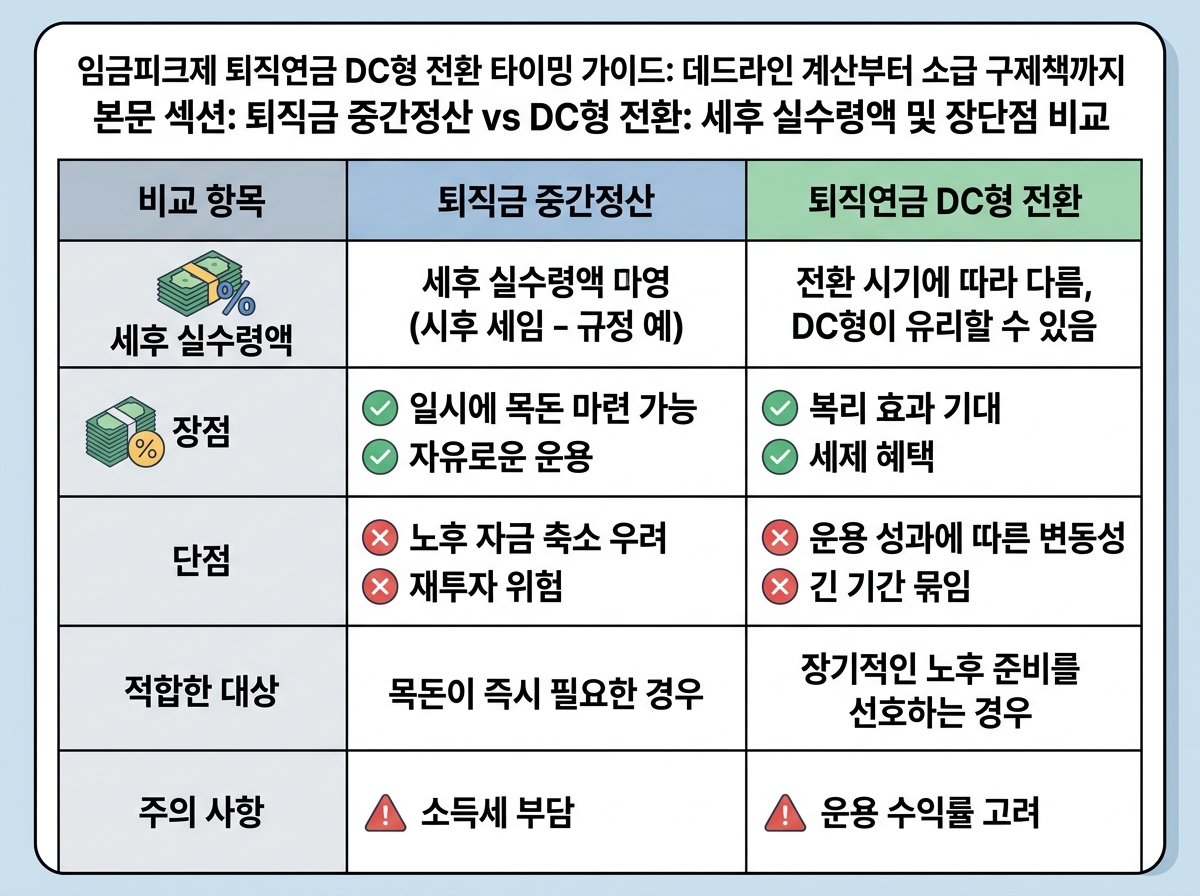 퇴직금 중간정산 vs DC형 전환: 세후 실수령액 및 장단점 비교 설명 이미지