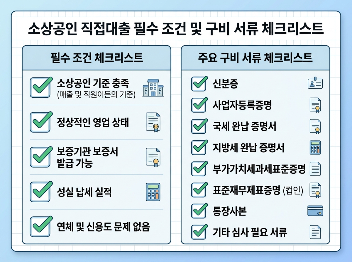소상공인 직접대출 필수 조건 및 구비 서류 체크리스트 설명 이미지