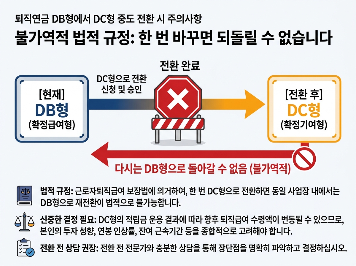 퇴직연금 DB형에서 DC형 중도 전환 시 주의사항: 불가역적 법적 규정 설명 이미지