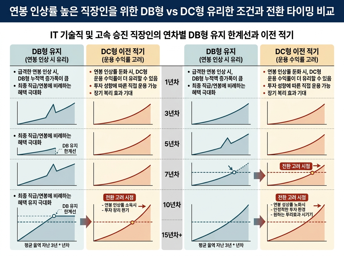 IT 기술직 및 고속 승진 직장인의 연차별 DB형 유지 한계선과 이전 적기 설명 이미지