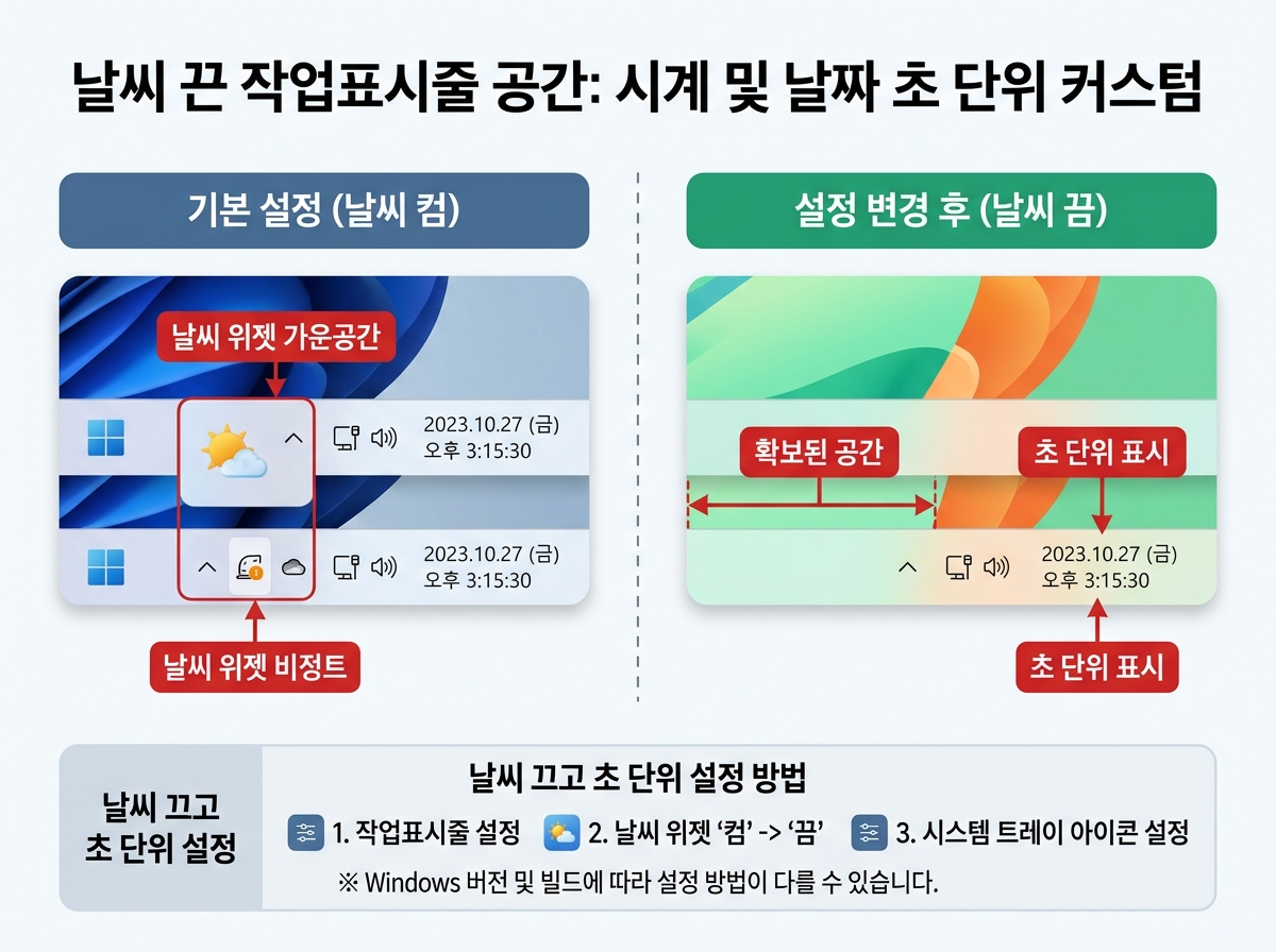 4. 날씨 끈 작업표시줄 공간: 시계 및 날짜 초 단위 커스텀 설명 이미지