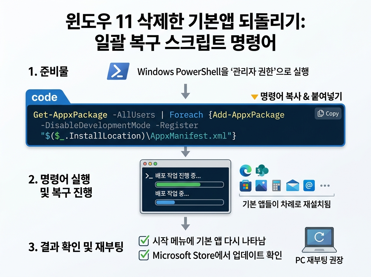 삭제한 기본앱 되돌리기: 일괄 복구 스크립트 명령어 설명 이미지