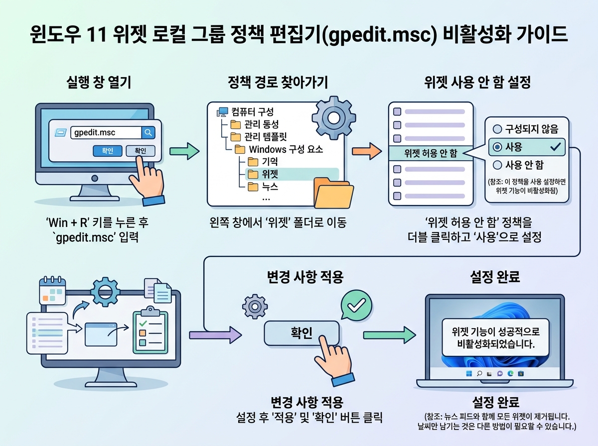 윈도우 11 위젯 로컬 그룹 정책 편집기(gpedit.msc) 비활성화 설명 이미지
