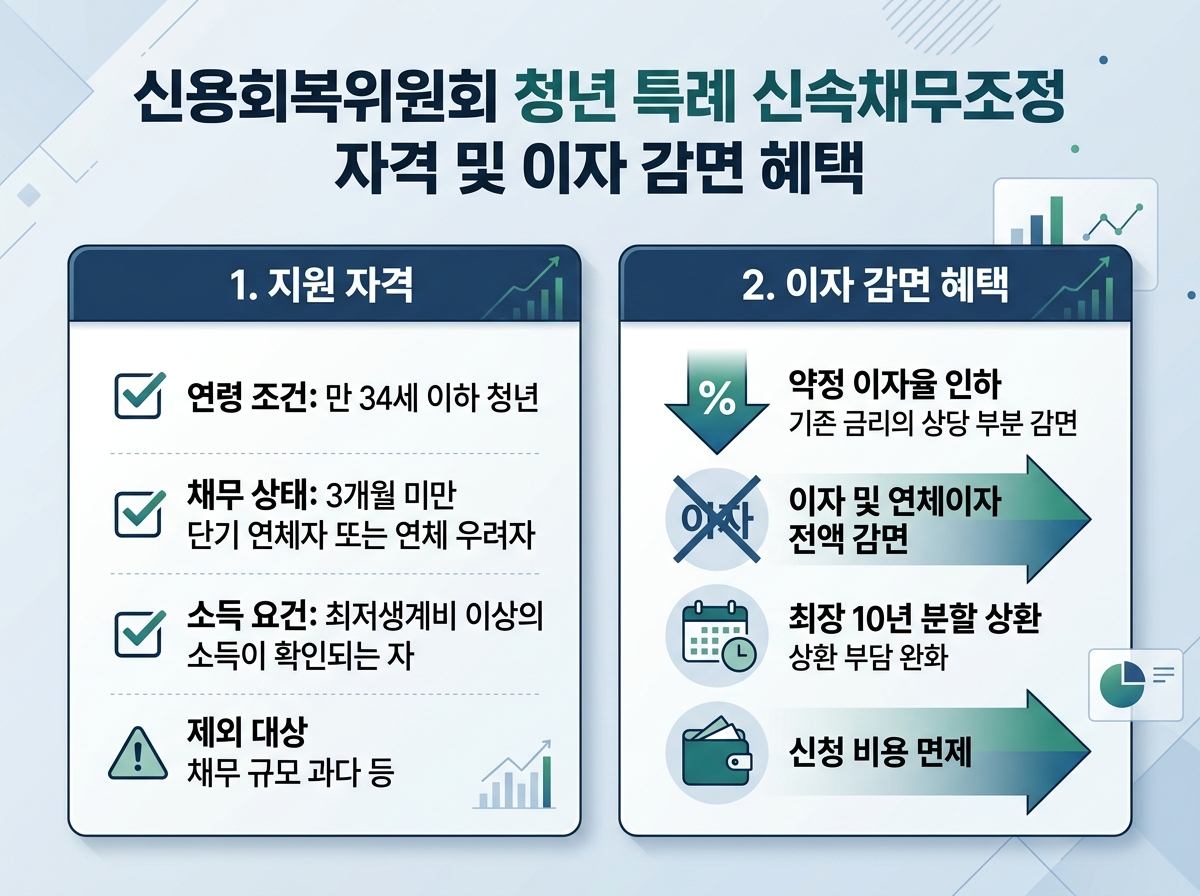 신용회복위원회 청년 특례 신속채무조정 자격 및 이자 감면 혜택 설명 이미지