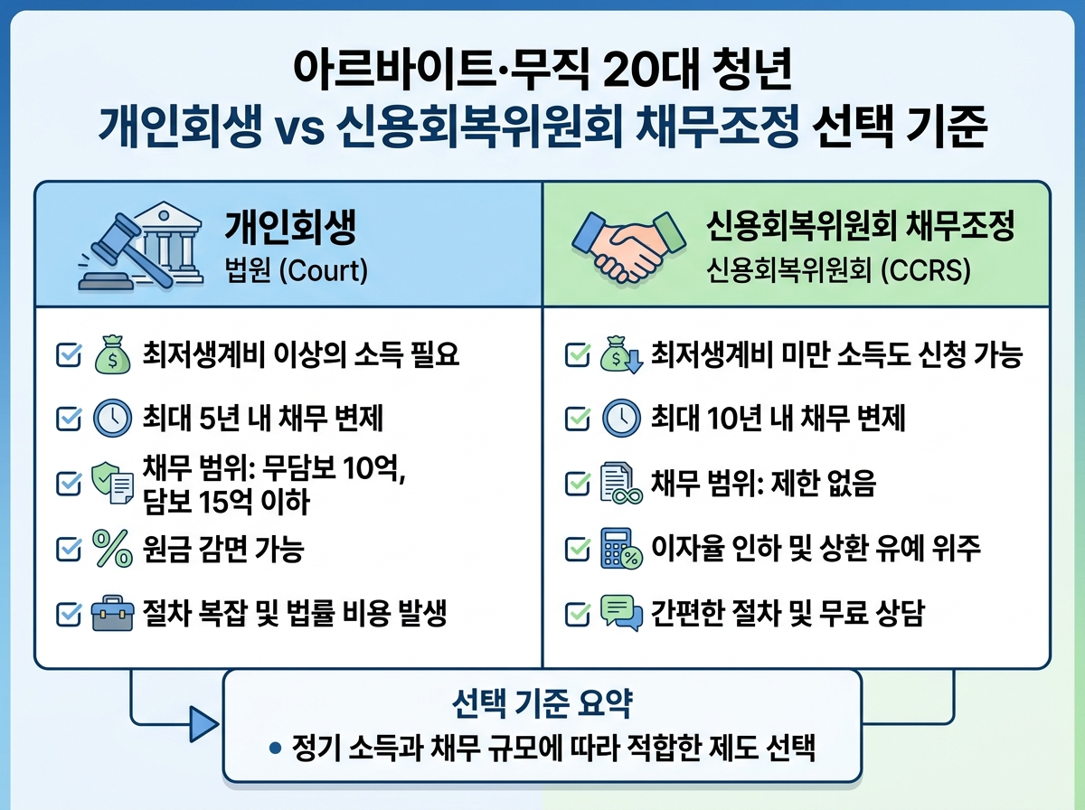 아르바이트 무직 20대 청년 개인회생 vs 신용회복위원회 채무조정 선택 기준 설명 이미지