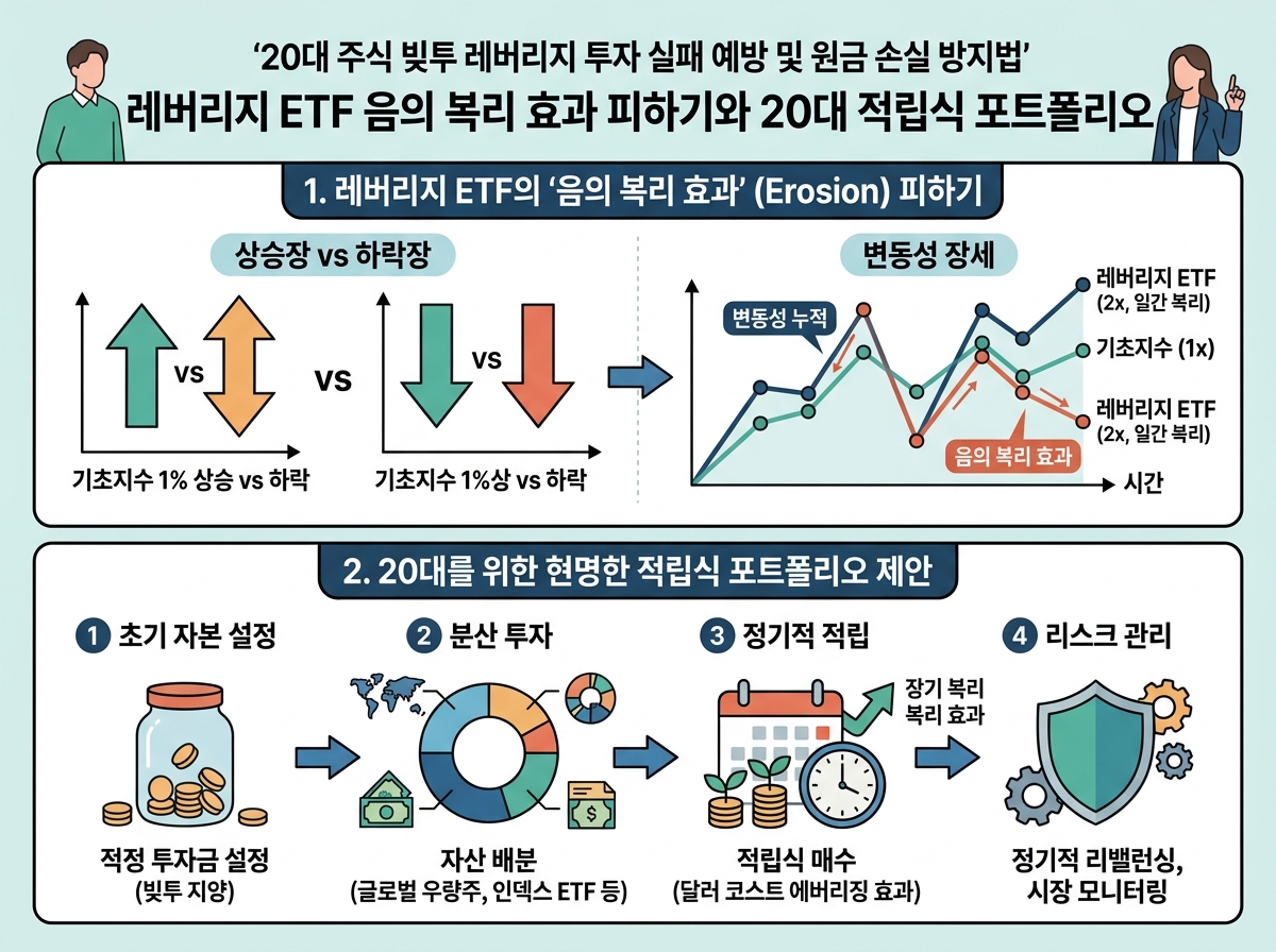 레버리지 ETF 음의 복리 효과 피하기와 20대 적립식 포트폴리오 설명 이미지