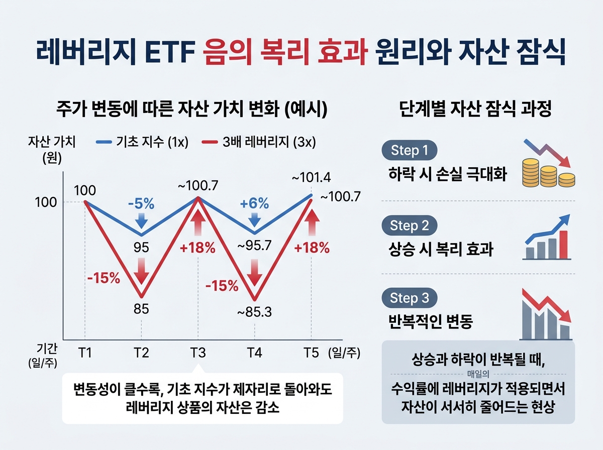 레버리지 ETF 음의 복리 효과 원리와 자산 잠식 설명 이미지