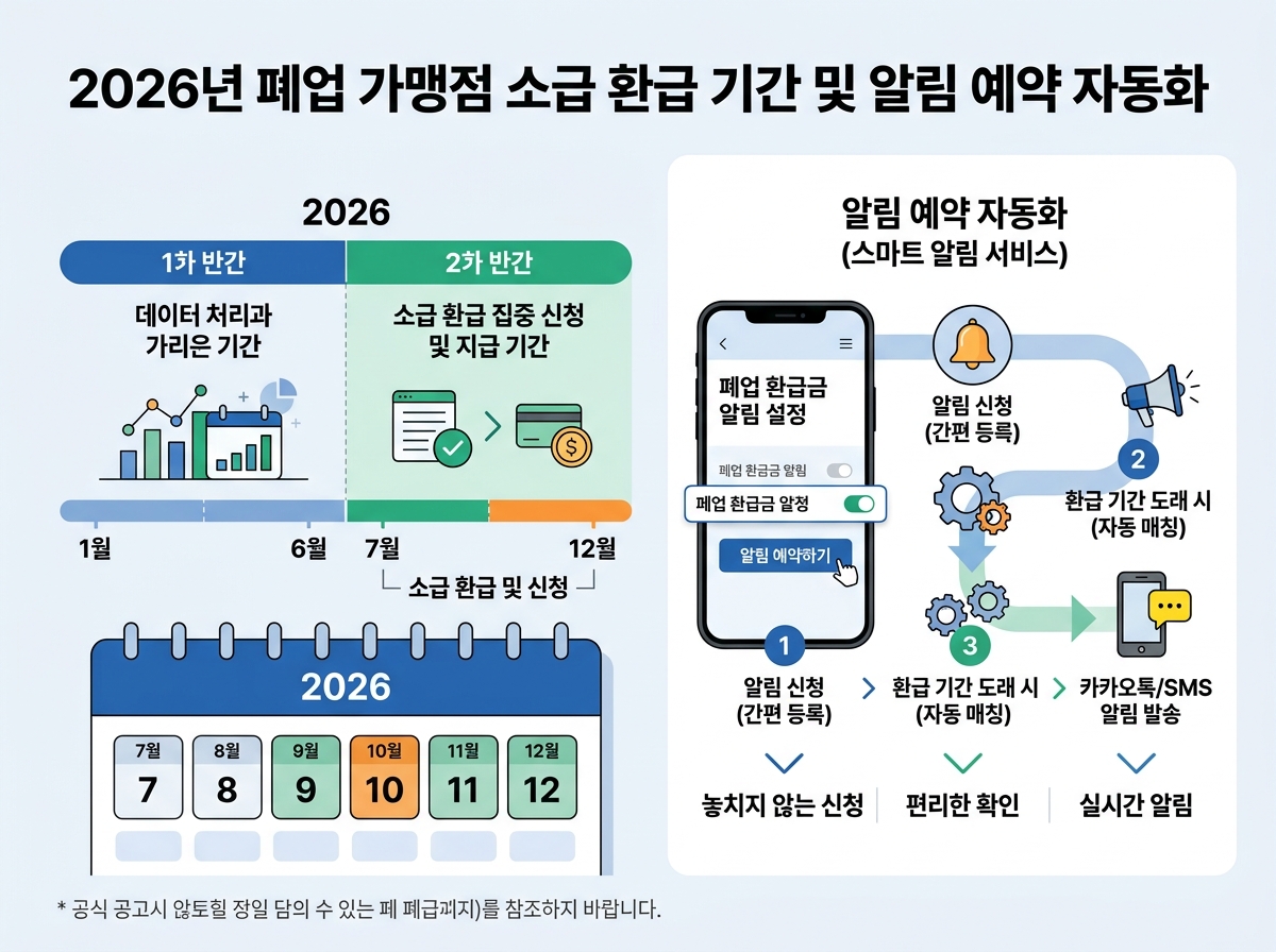 2026년 폐업 가맹점 소급 환급 기간 및 일정 알림 예약 자동화 설명 이미지