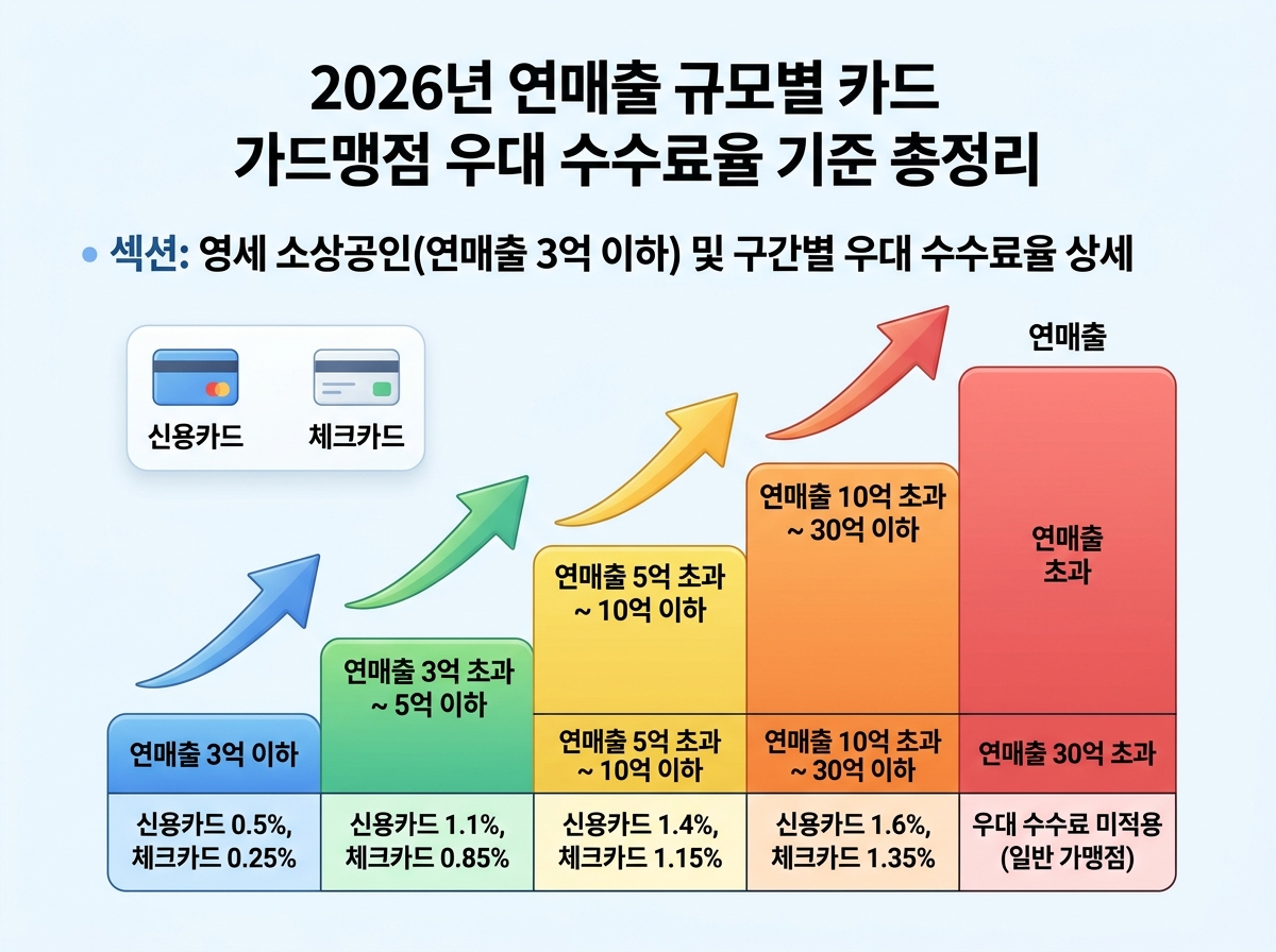 영세 소상공인(연매출 3억 이하) 및 구간별 우대 수수료율 상세 설명 이미지