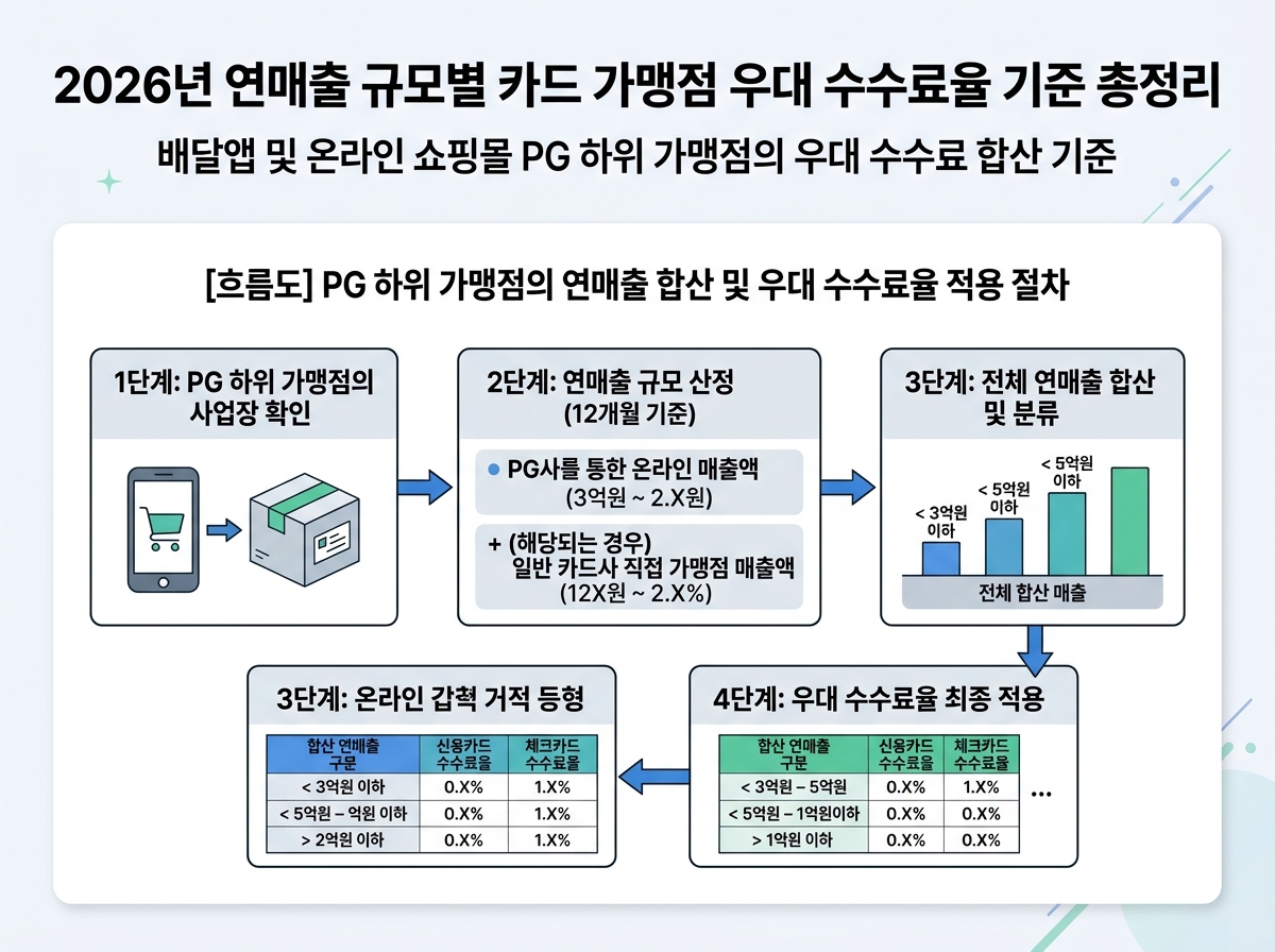 배달앱 및 온라인 쇼핑몰 PG 하위 가맹점의 우대 수수료 합산 기준 설명 이미지