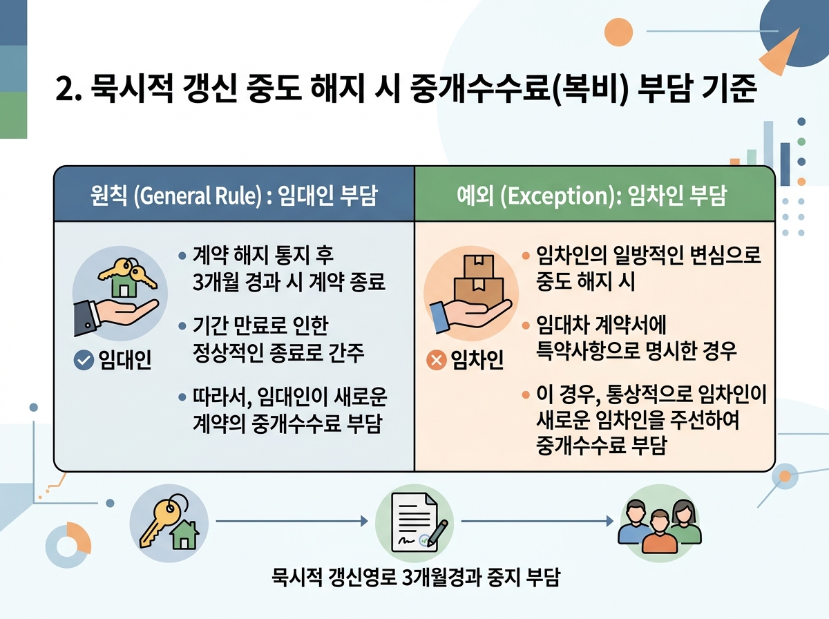 2. 묵시적 갱신 중도 해지 시 중개수수료(복비) 부담 기준 설명 이미지