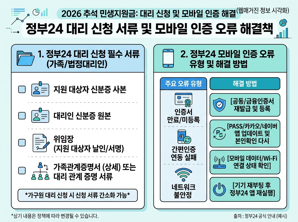 정부24 대리 신청 서류 및 모바일 인증 오류 해결책 설명 이미지