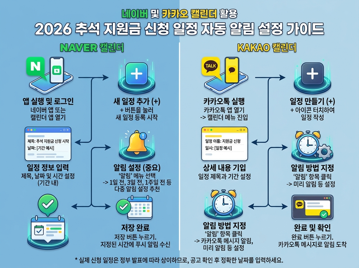 네이버 및 카카오 캘린더 활용 2026 추석 지원금 신청 일정 자동 알림 설정 가이드 설명 이미지