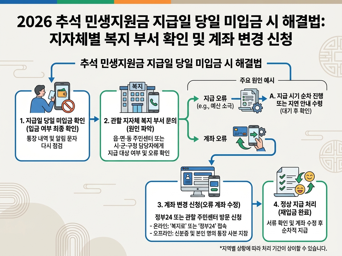 추석 민생지원금 지급일 당일 미입금 시 해결법: 지자체별 복지 부서 확인 및 계좌 변경 신청 설명 이미지