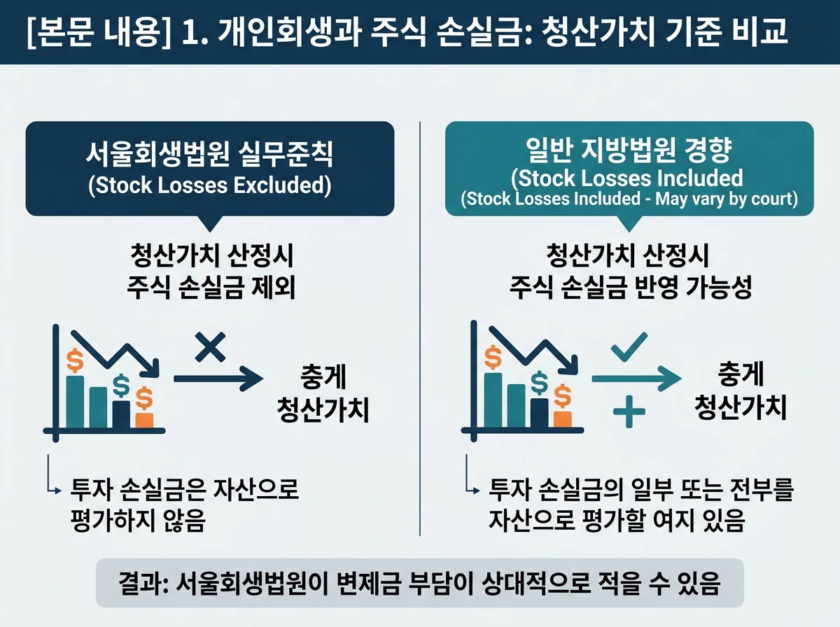 1. 개인회생과 주식 손실금: 서울회생법원 vs 지방법원의 청산가치 기준 설명 이미지