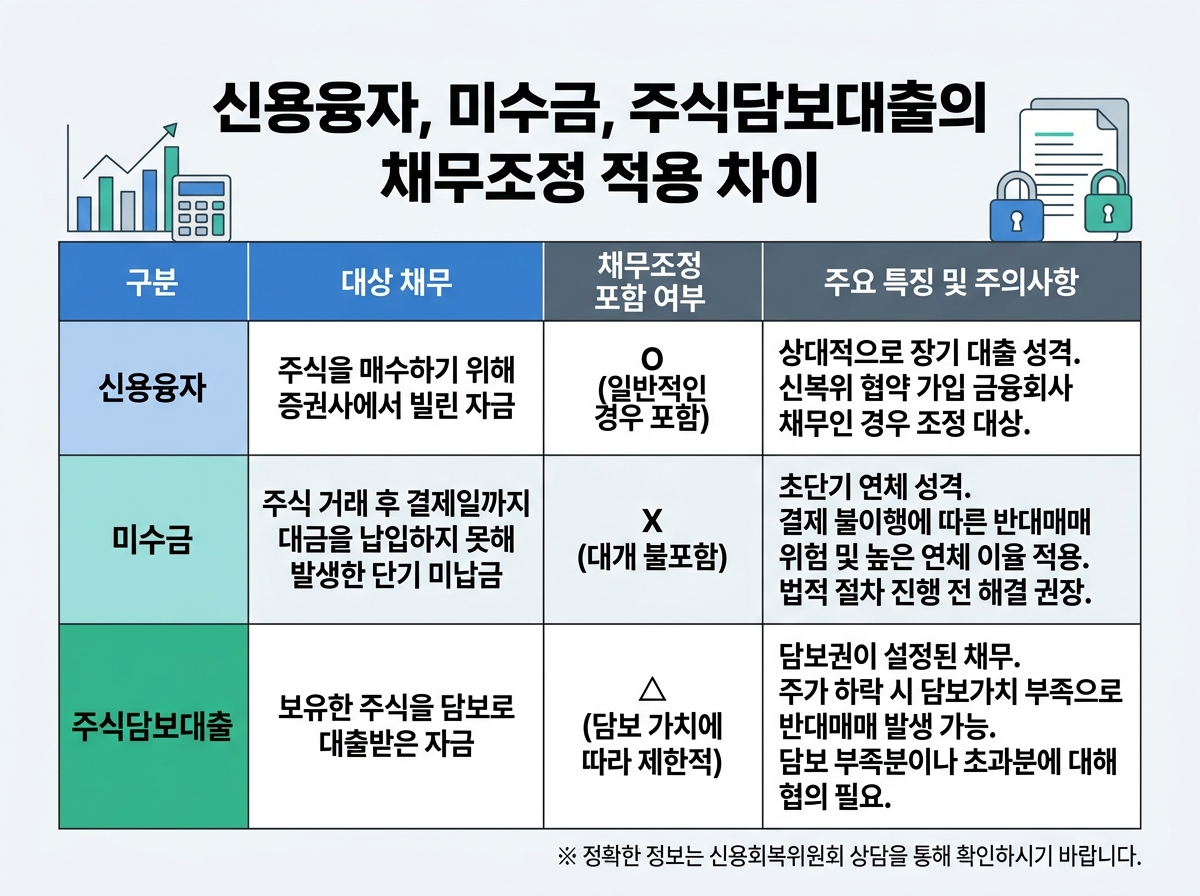 신용융자, 미수금, 주식담보대출의 채무조정 적용 차이 설명 이미지
