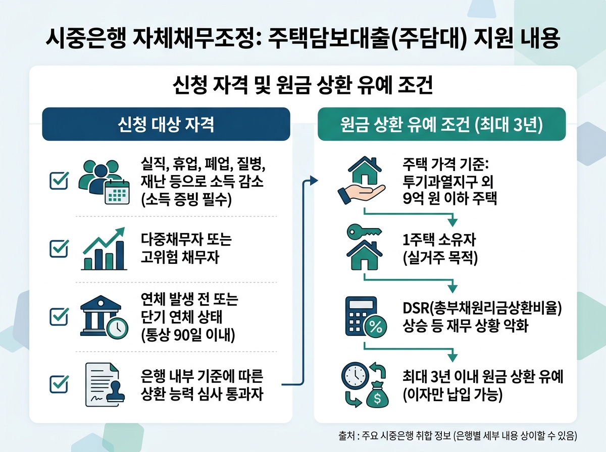 주택담보대출 시중은행 자체채무조정 신청 자격 및 원금 상환 유예 조건 설명 이미지