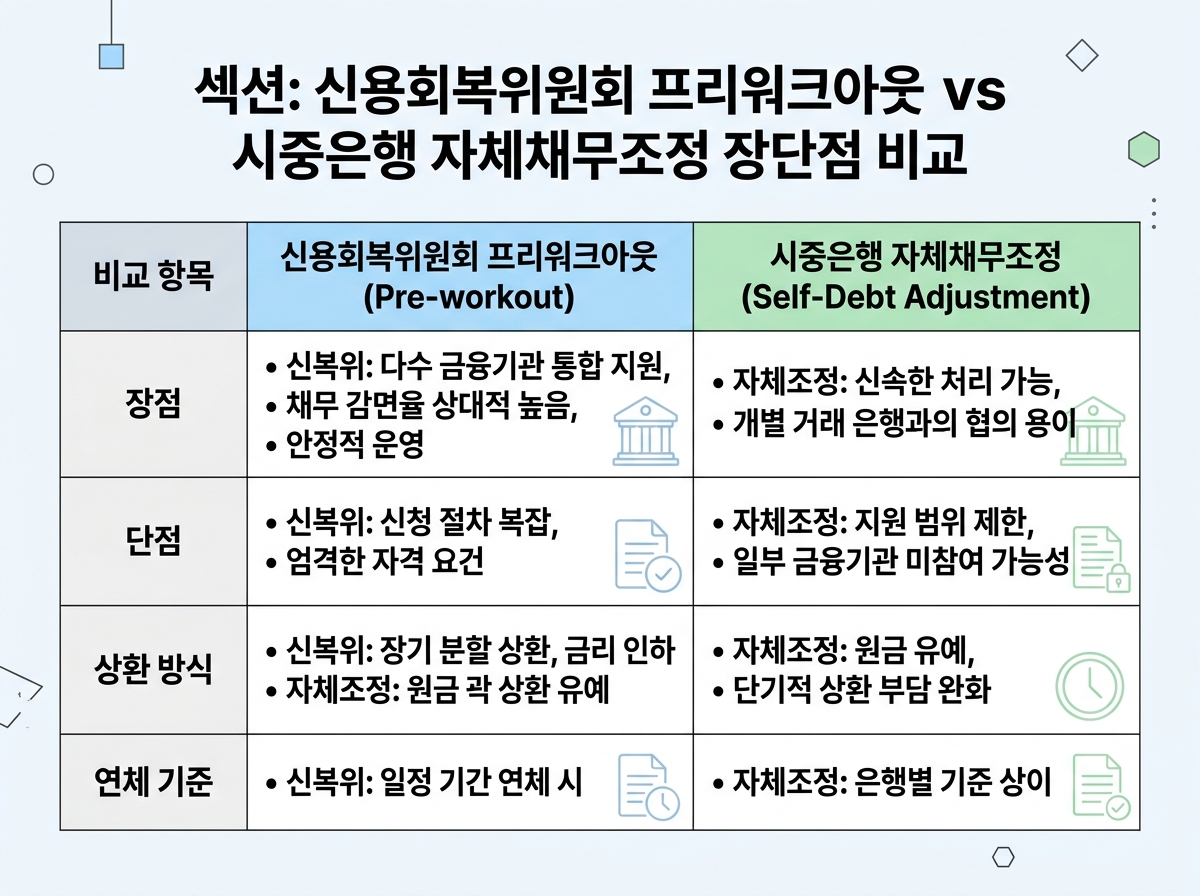 신용회복위원회 프리워크아웃 vs 시중은행 자체채무조정 장단점 비교 설명 이미지
