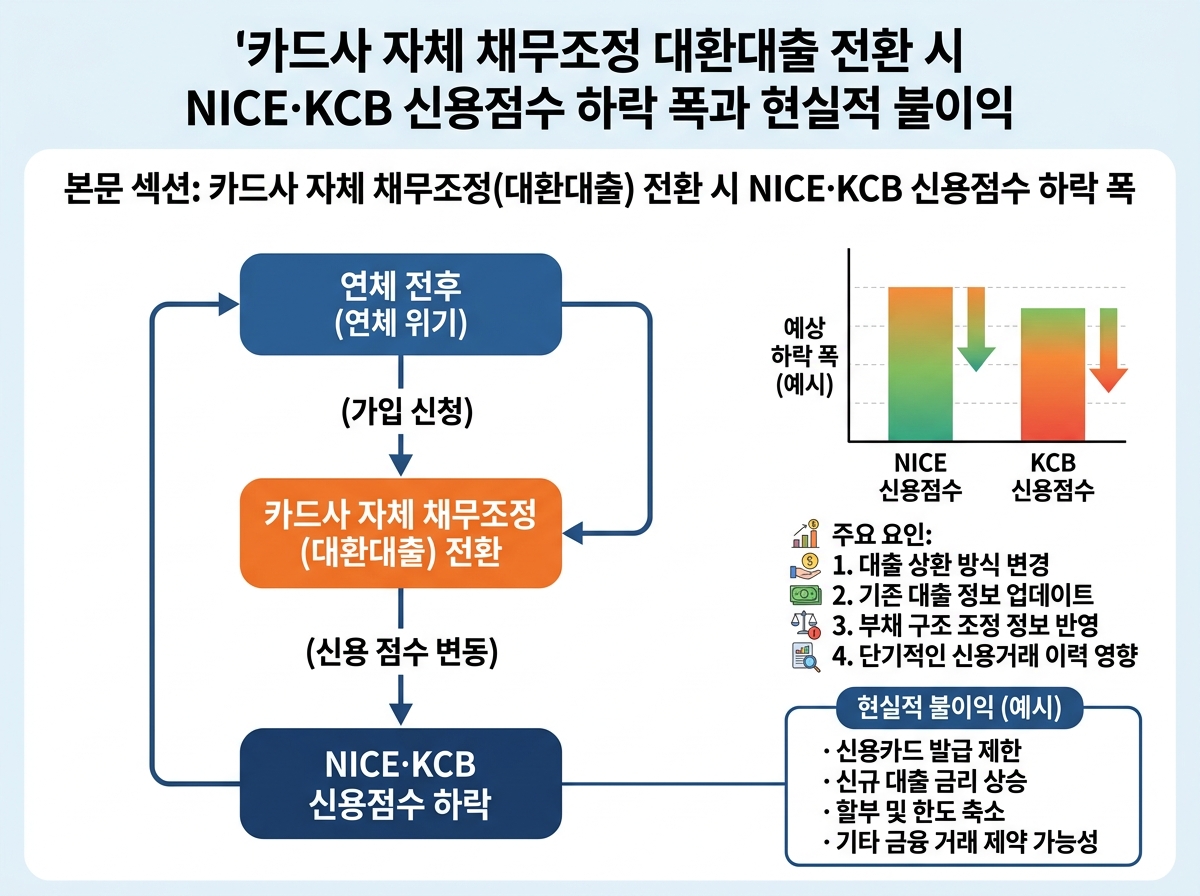 카드사 자체 채무조정(대환대출) 전환 시 NICE·KCB 신용점수 하락 폭 설명 이미지