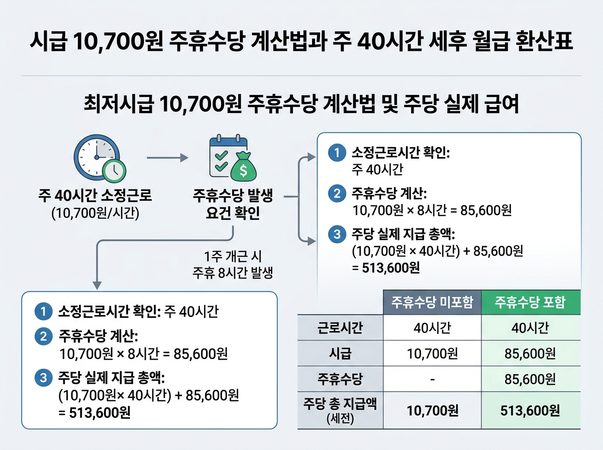 최저시급 10,700원 주휴수당 계산법 및 주당 실제 급여 설명 이미지