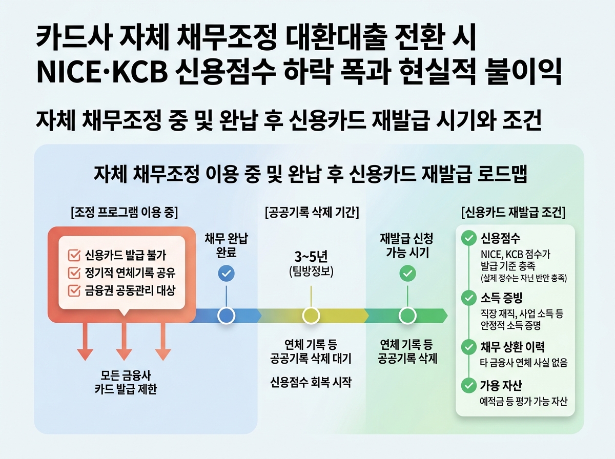 자체 채무조정 중 및 완납 후 신용카드 재발급 시기와 조건 설명 이미지